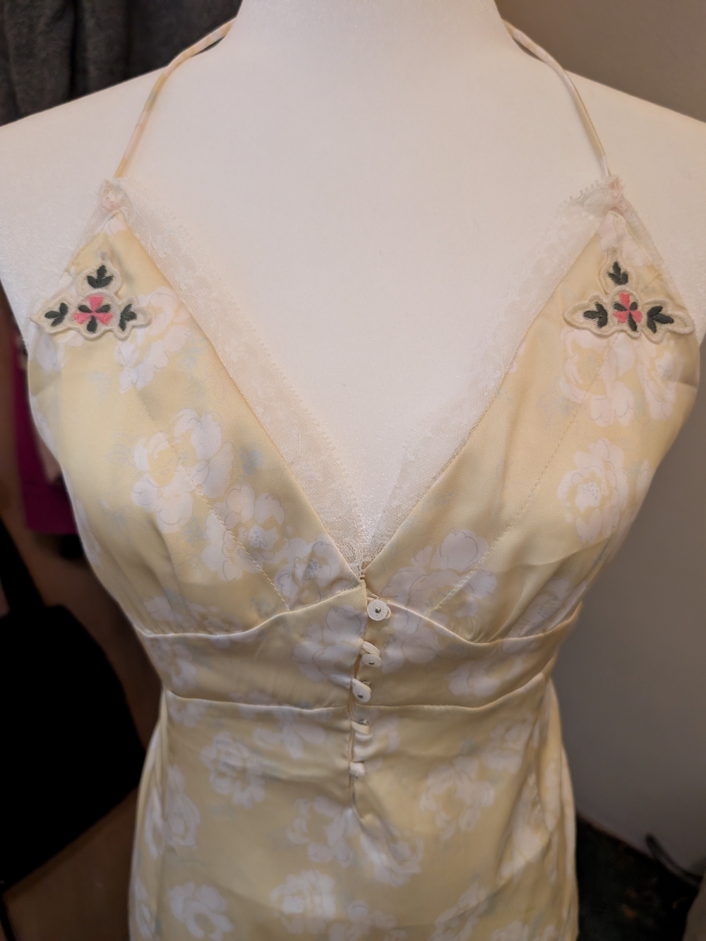 Free People - Pale Yellow Floral Lace-Trim Slip Top